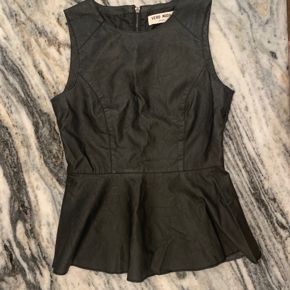 Black faux leather peplum top